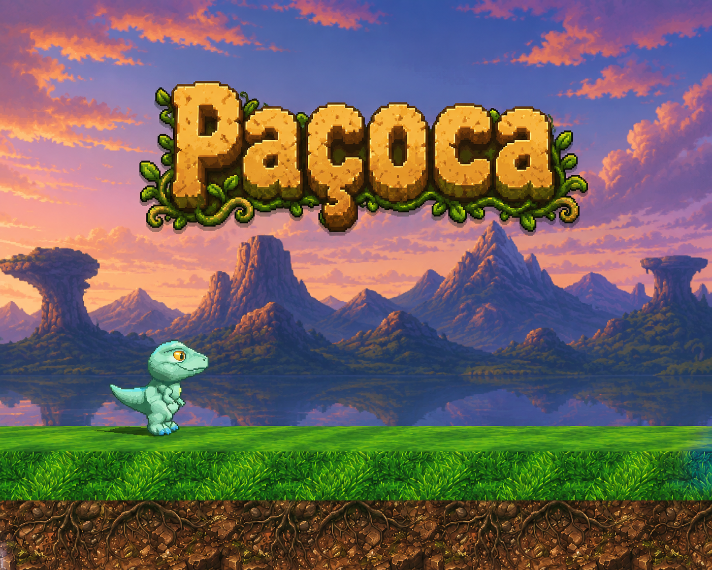 Paçoca, o dinossauro, correndo por um vale ao pôr do sol
